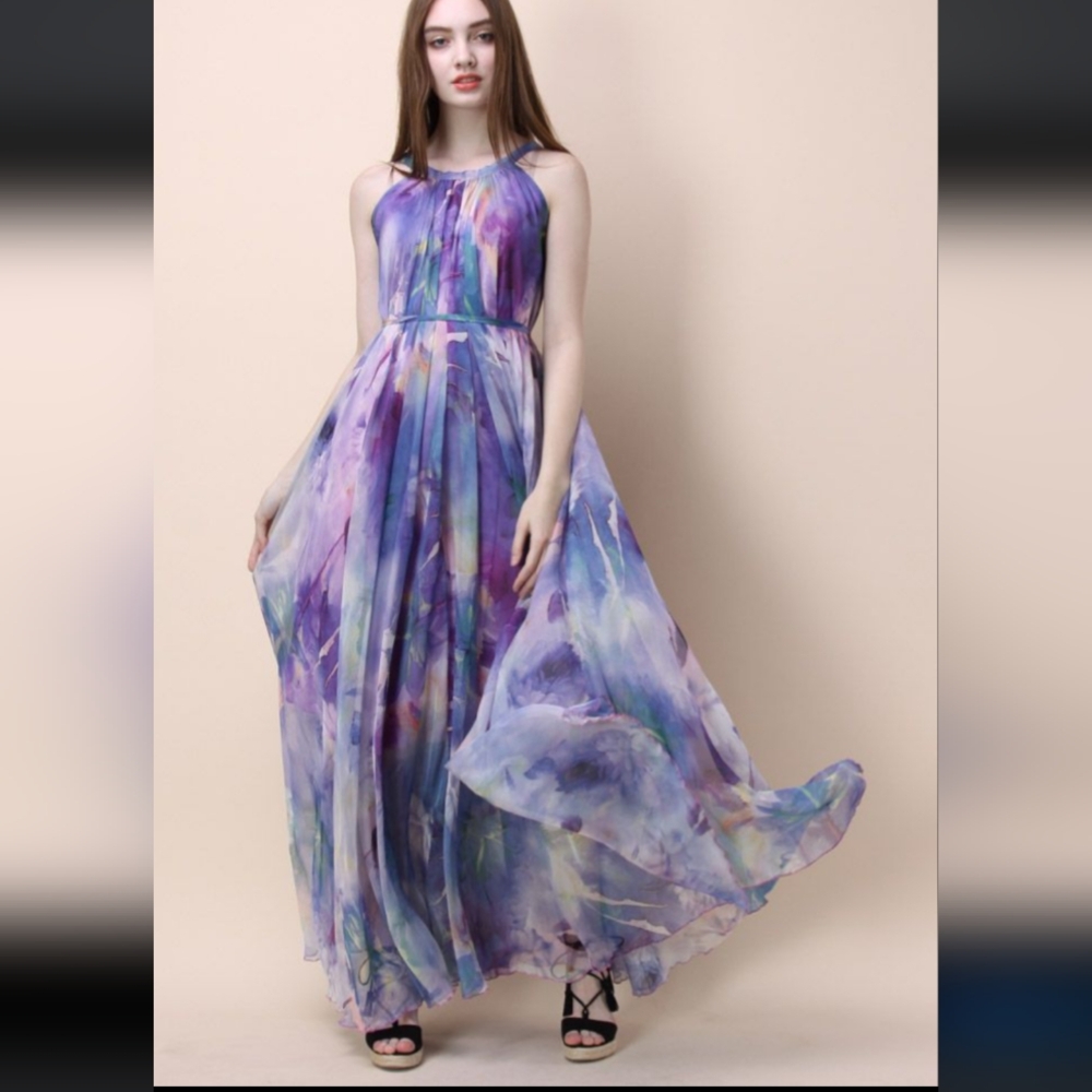 Floral Watercolor Maxi Slip Dress in Violet